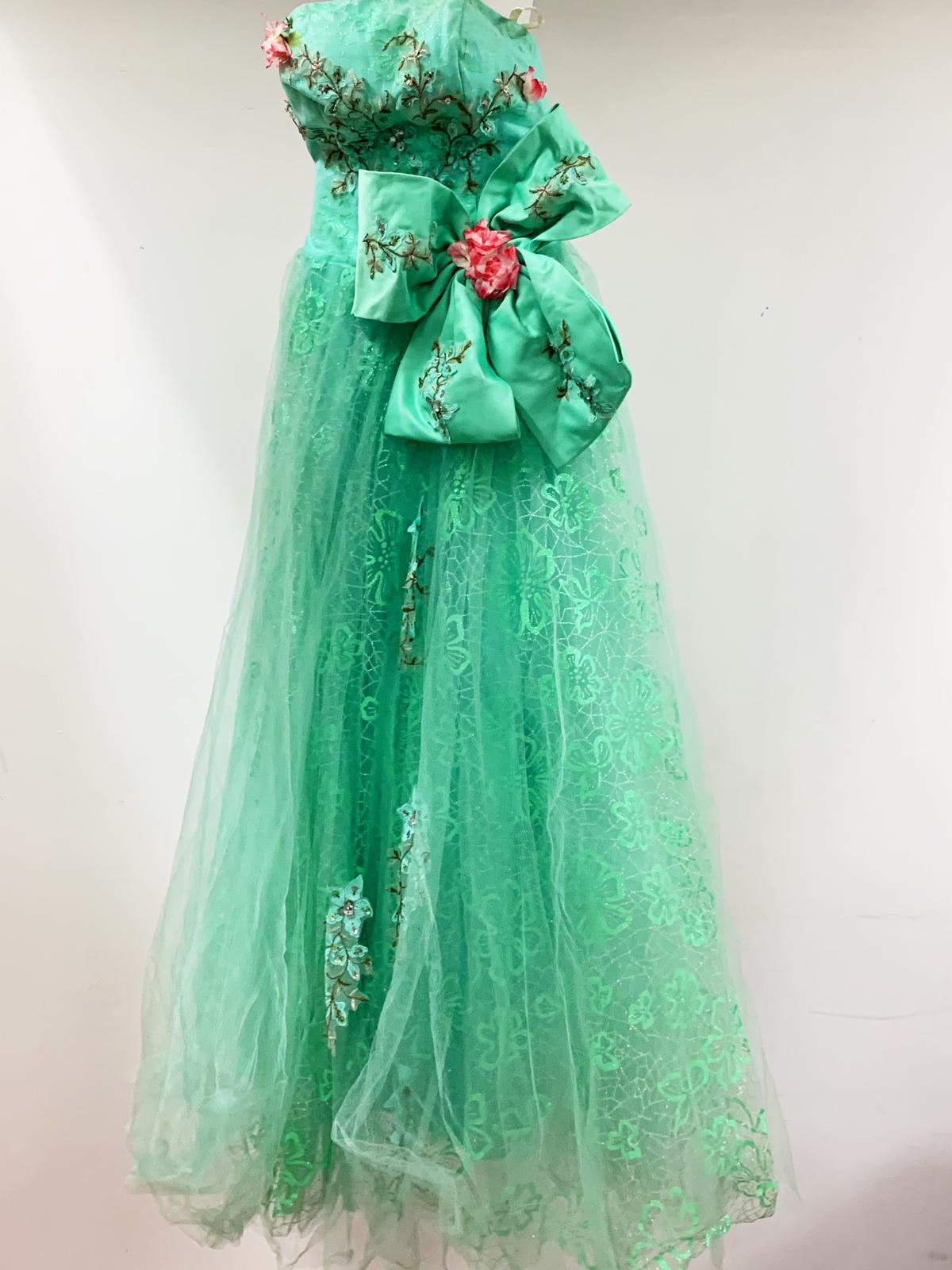 Turqouise green long dress with front bow